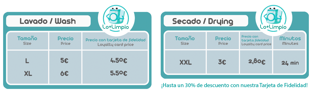 Listado de Precios en Lo+Limpio Lavandería Autoservicio en Carrión de los Condes en pleno corazón del Camino de Santiago